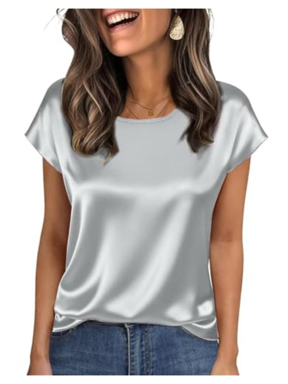 Women's Silk Satin Cap Sleeve Blouse Square Neck Business Casual Top